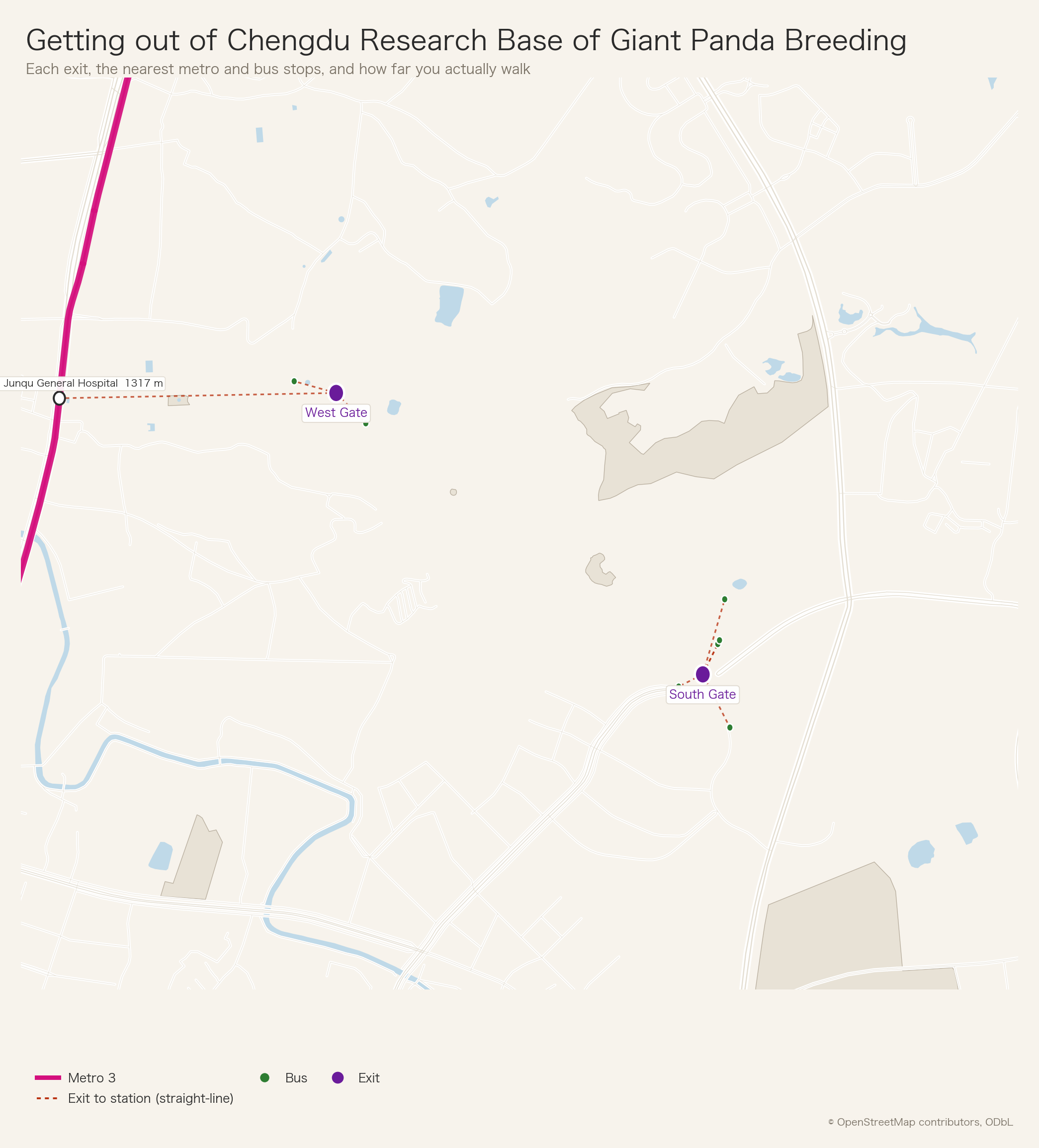 Both gates, the nearest metro and bus stops, and how far you actually walk