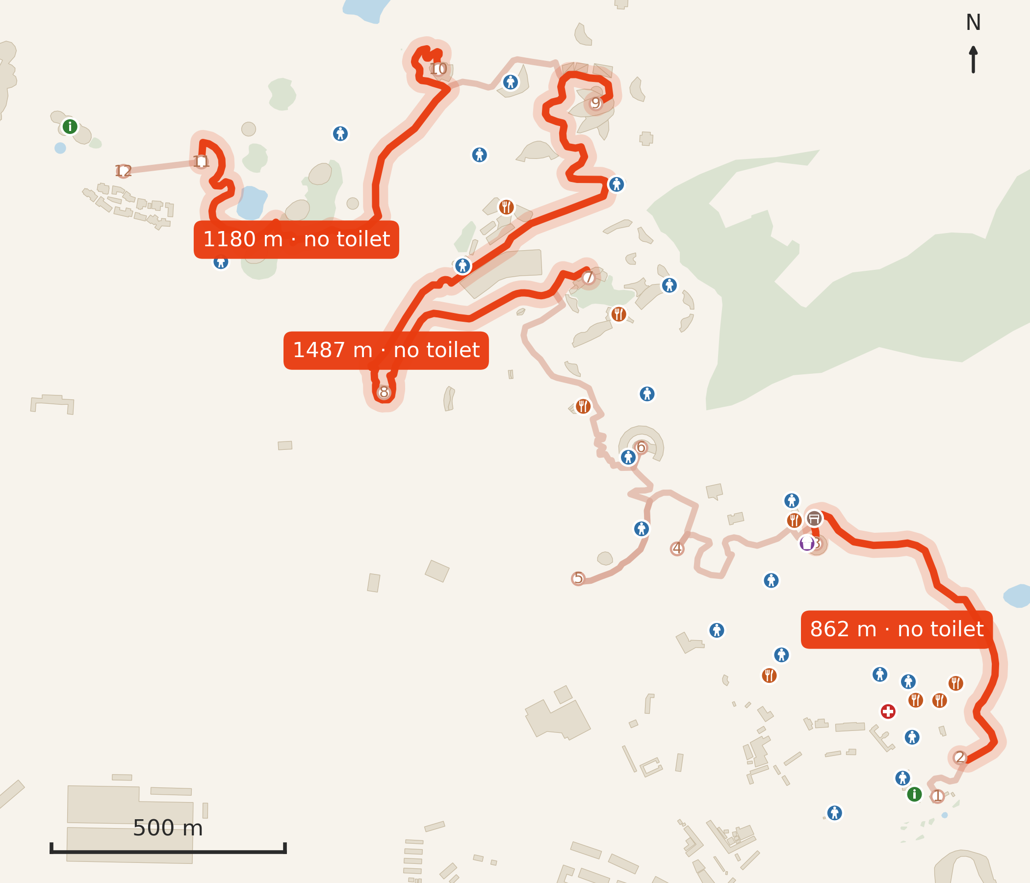 Toilets, food and drinking water across the park, with the longest stretch without a mapped toilet marked
