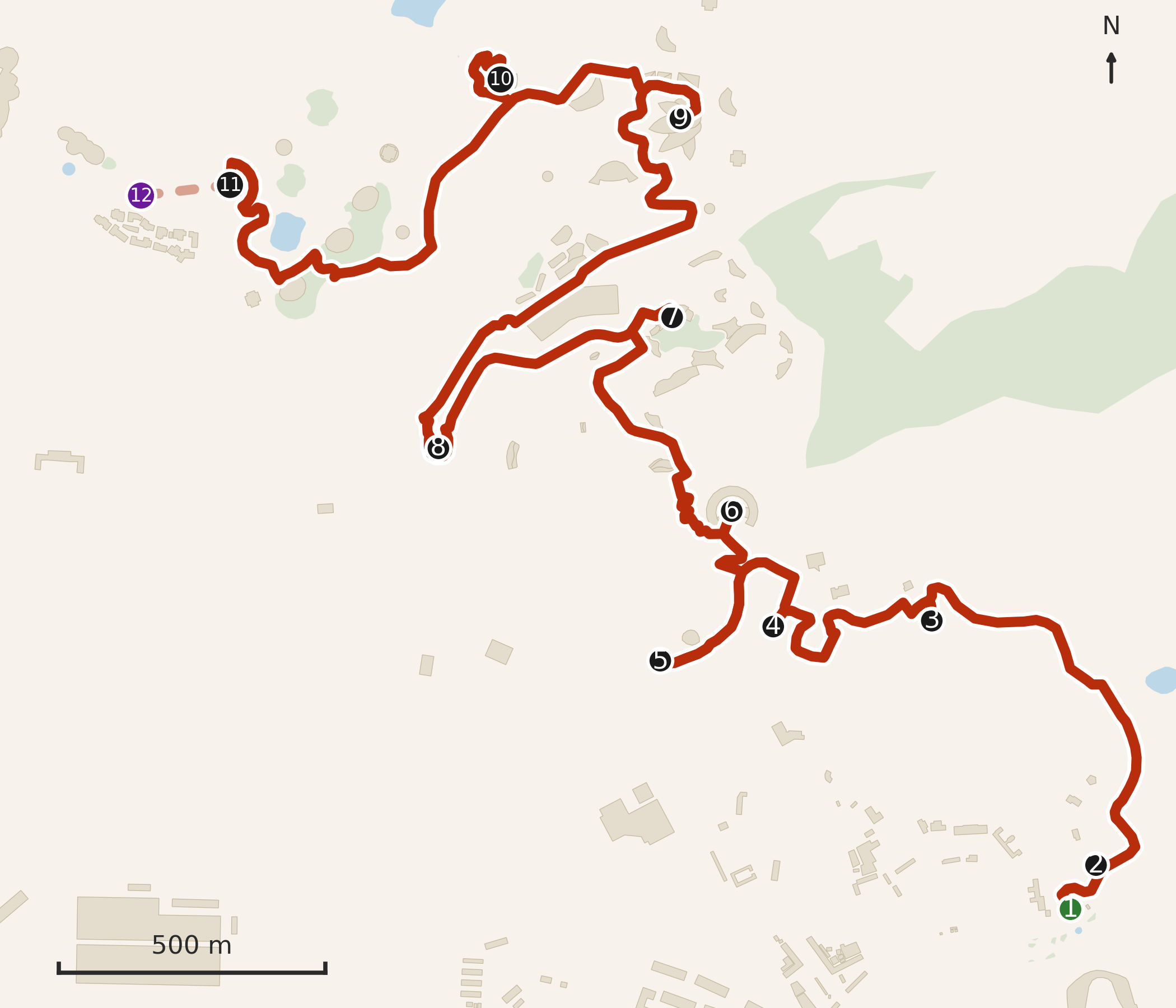 The full south-to-west route, twelve stops, drawn on the actual footpaths