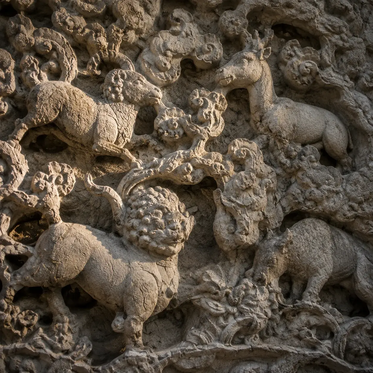 Carved zodiac animal reliefs on an old Chinese temple stone wall