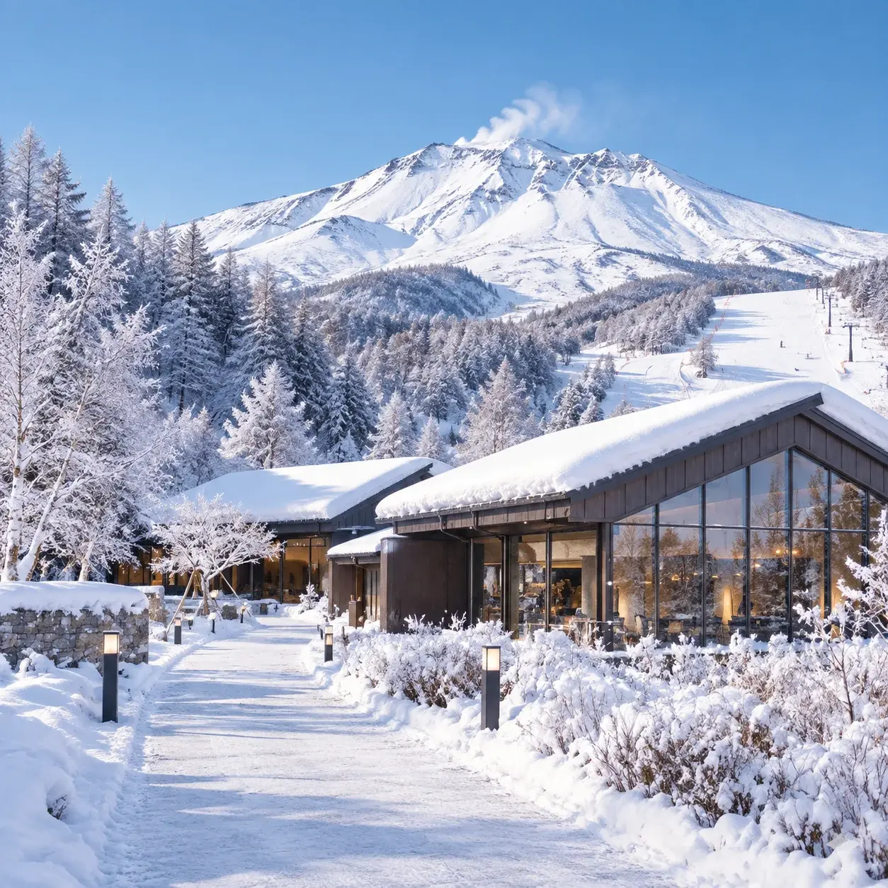 長白山萬達滑雪度假區:山腳下的雪村與積雪的火山山體
