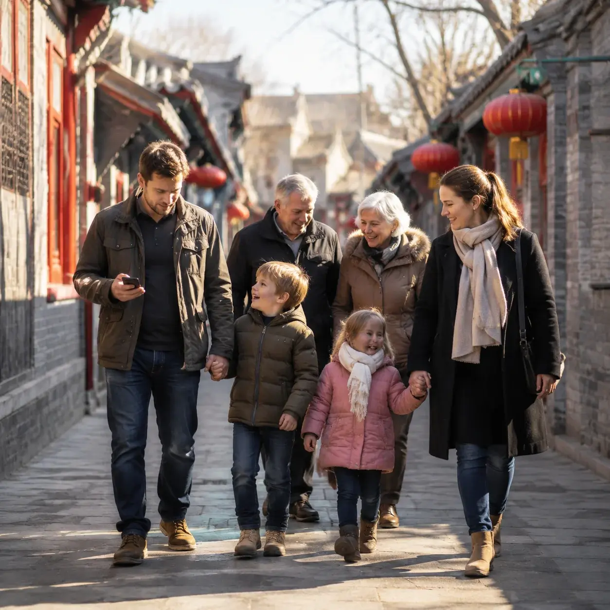 A Western family with kids and grandparents walking through a Beijing hutong alley on a sunny morning