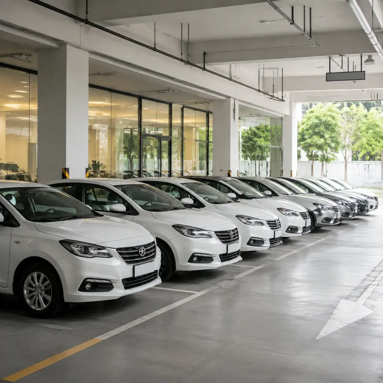 Une rangée de voitures de location compactes stationnées à une zone de retrait dans une ville chinoise