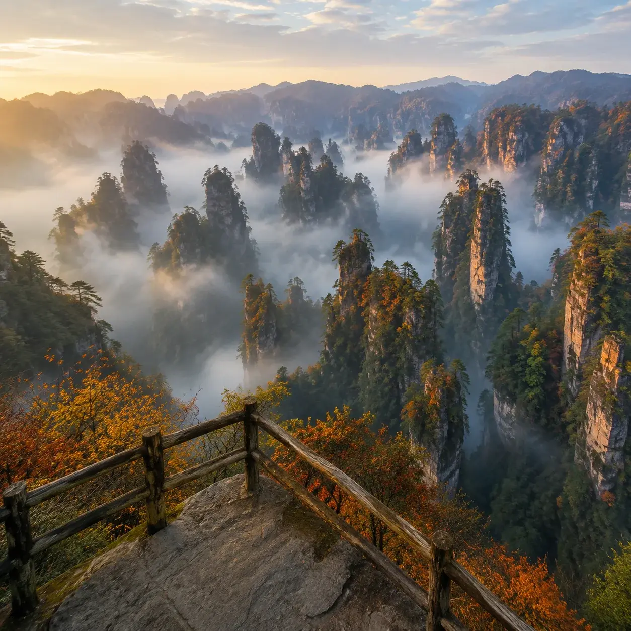 Autumn mist rolling between Zhangjiajie's forested pillars at sunrise, seen from a quiet clifftop viewpoint