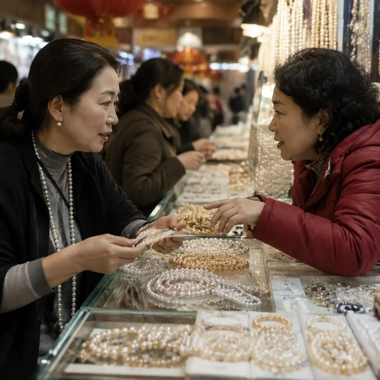 A shopper bargaining with a pearl vendor over a jewelry counter at Hongqiao