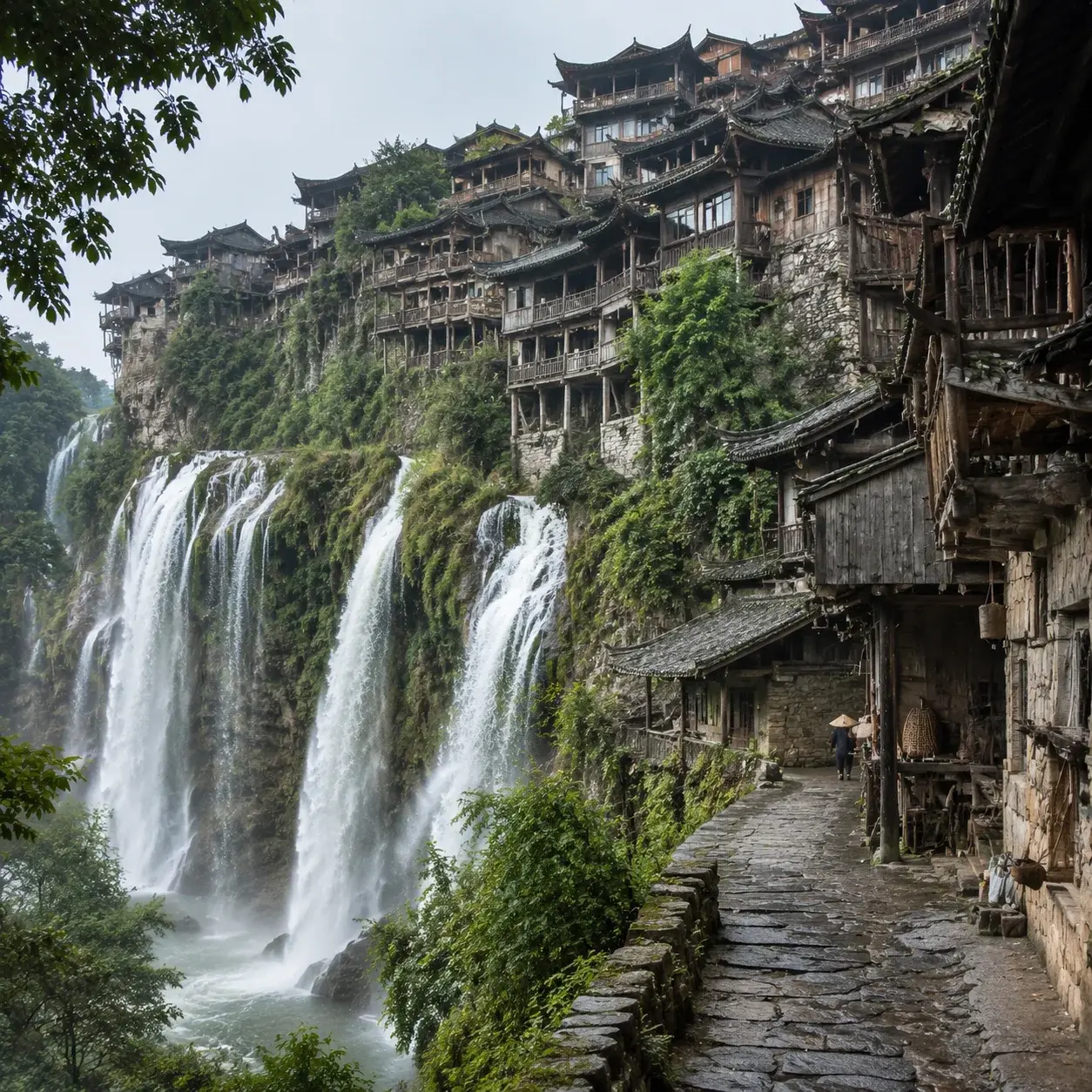 Traditional Tujia stilt houses clinging to the cliff beside Furong's waterfall