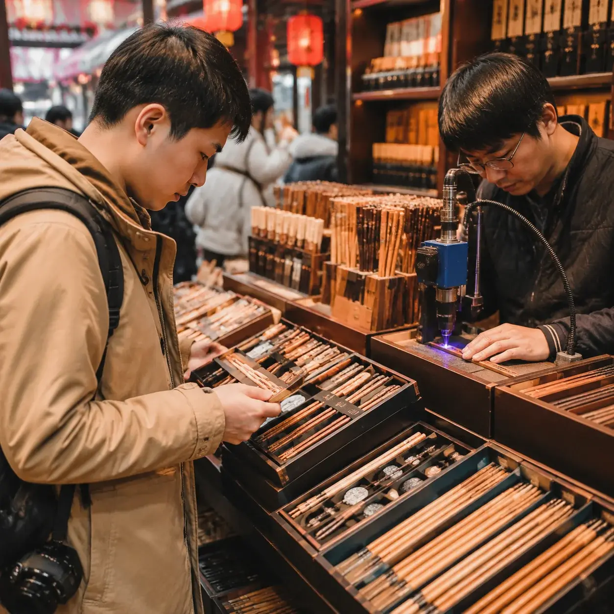 A traveler shops for boxed wooden chopsticks at a Chinese market counter while a pair is being engraved.