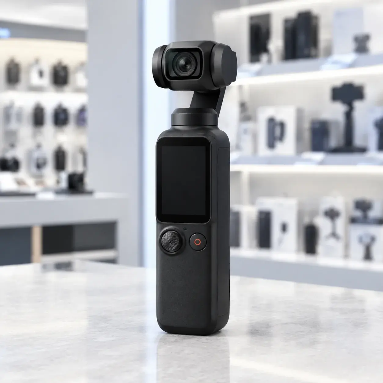A compact handheld gimbal camera on the counter of an electronics store in China.