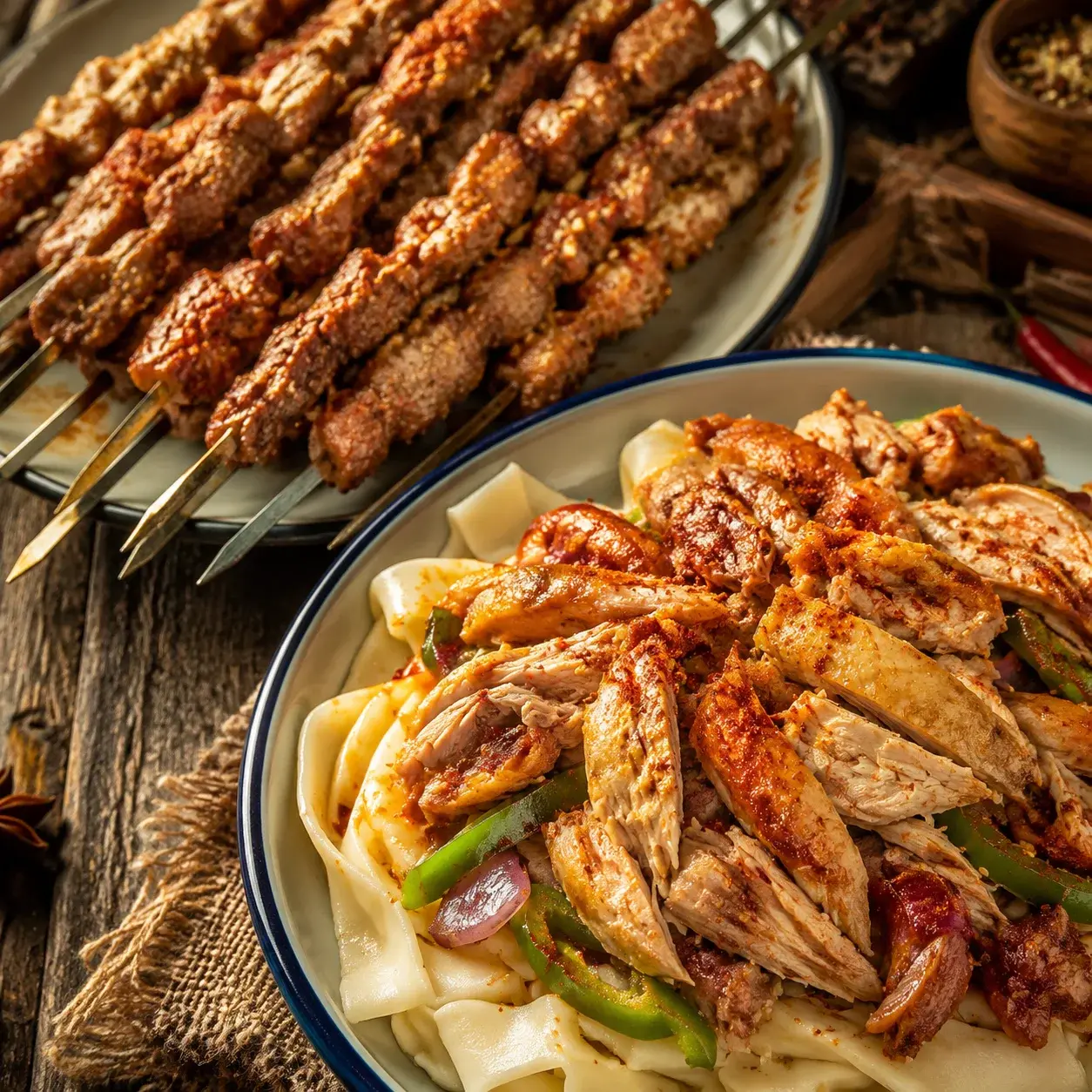 Xinjiang-style lamb skewers and big-plate chicken