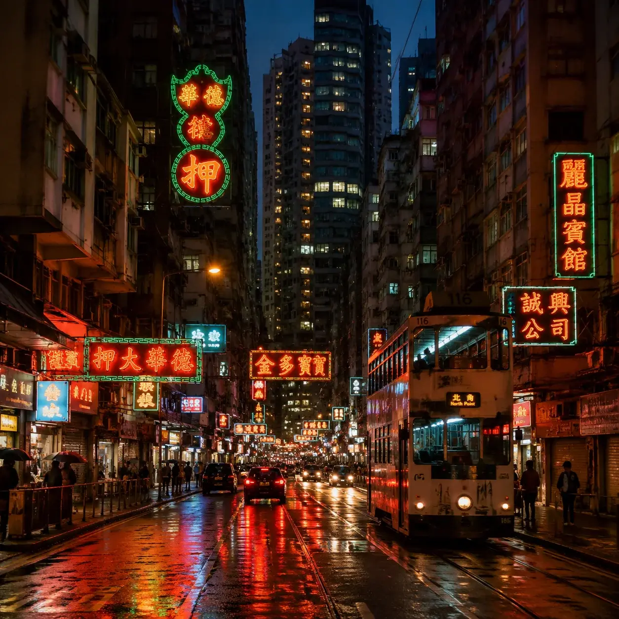 香港街頭暮色中的霓虹招牌（繁體字）和雙層電車，剛從大陸過來的瞬間