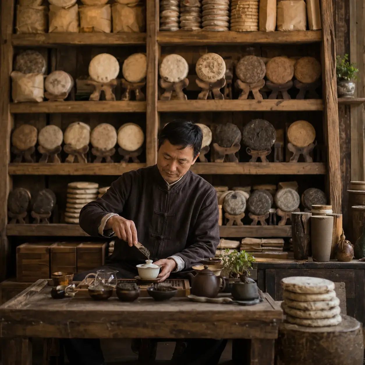 Stacks of Pu-erh tea cakes line the shelves of a Yunnan tea shop as a tea tasting is prepared.