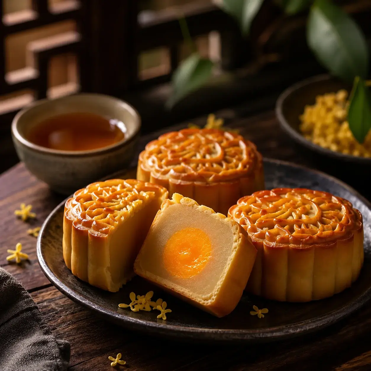 Traditional mooncakes with one cut open to show the salted egg yolk, served with tea