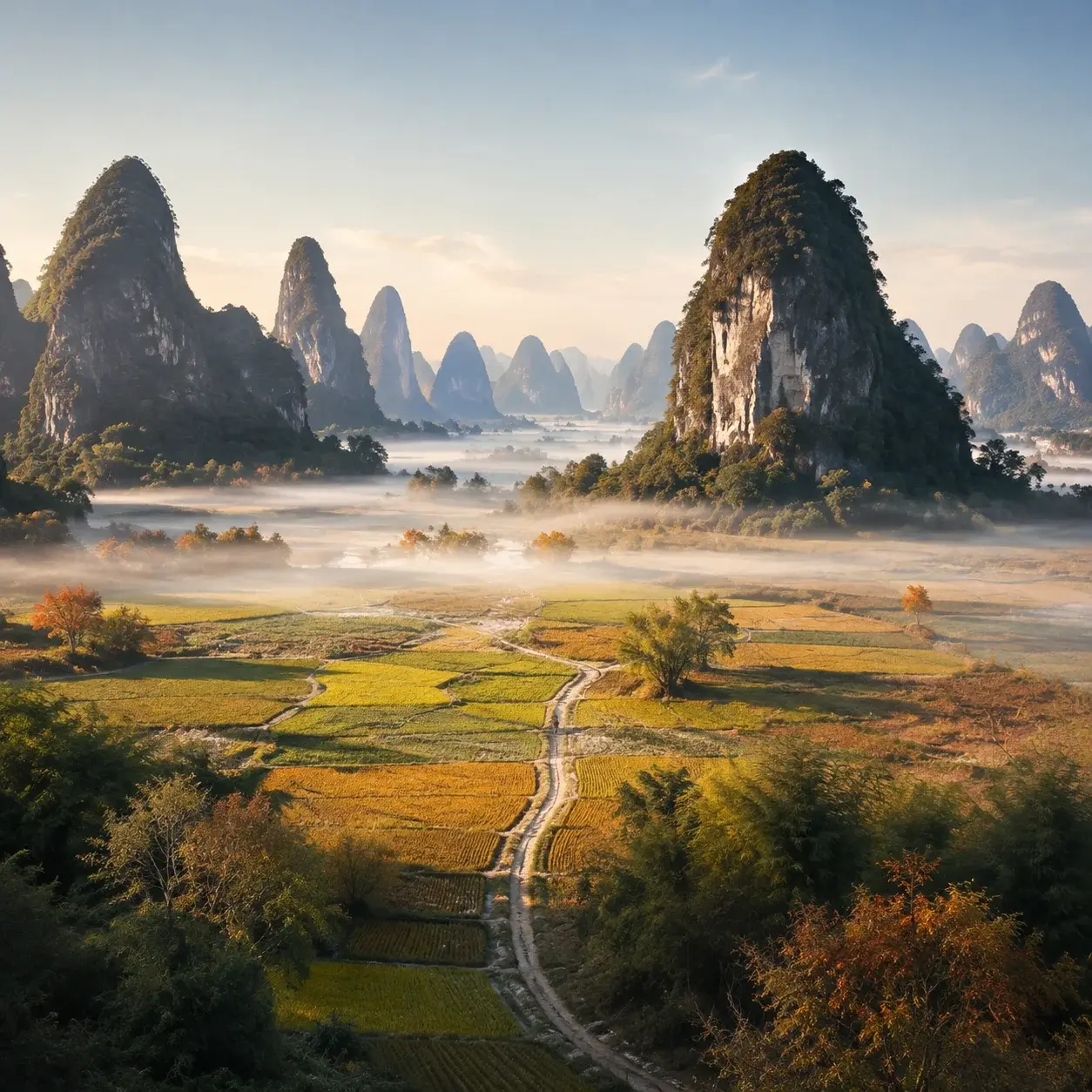 Autumn mist over farmland between karst towers in the Guilin countryside