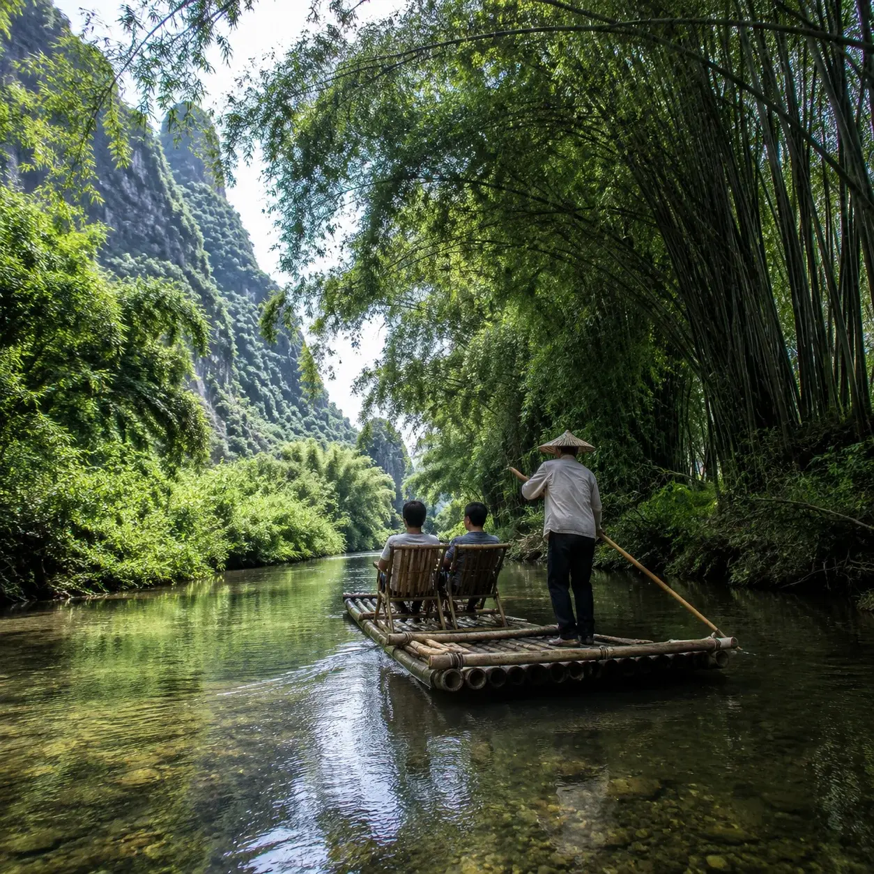 A bamboo raft on the narrow Yulong River near Yangshuo