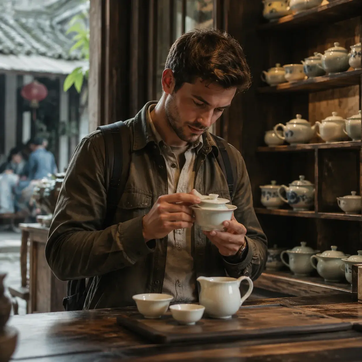 A traveler examines a minimalist white porcelain Chinese tea set on a wooden counter in a busy tea market.