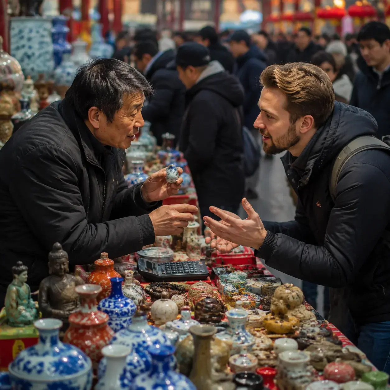 A shopper bargaining with a vendor across a crowded Beijing market stall