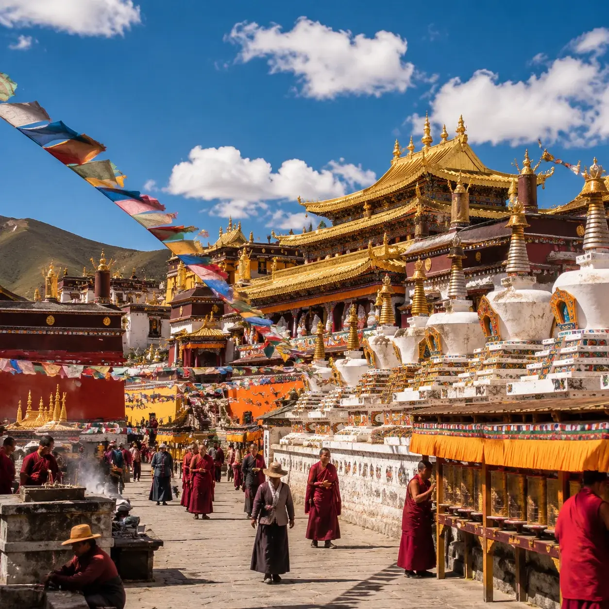 Kumbum (Ta'er) Monastery near Xining with gilded roofs and white stupas