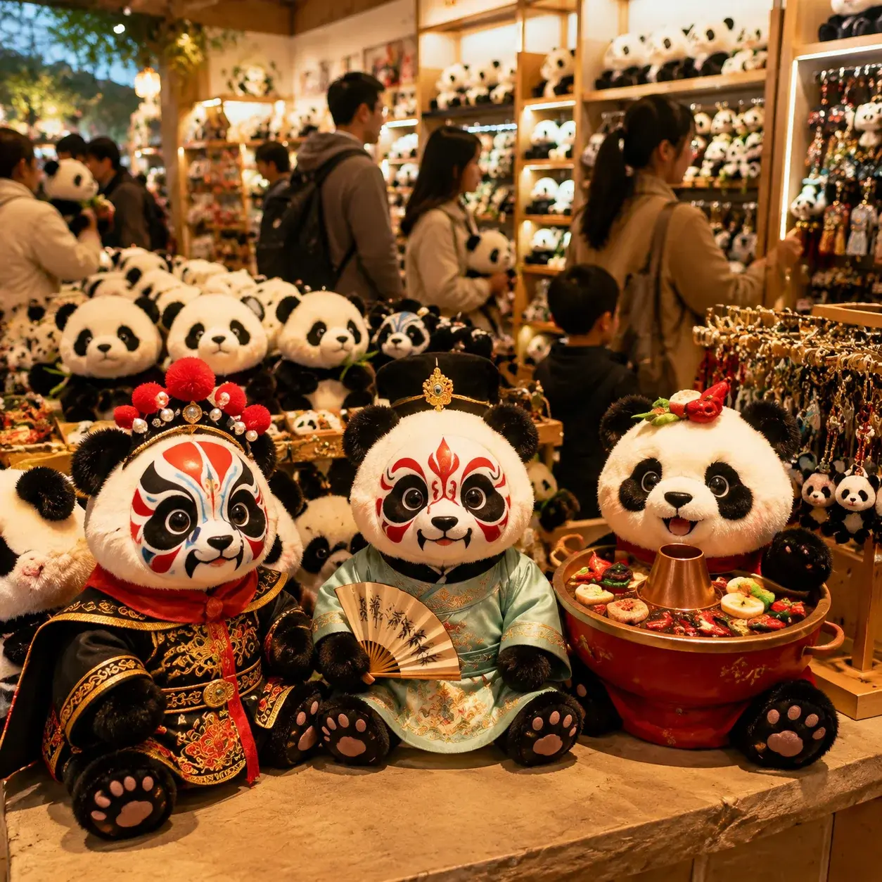 A Chengdu souvenir shop packed with panda plush toys and creative panda gifts in colorful traditional-inspired costumes.