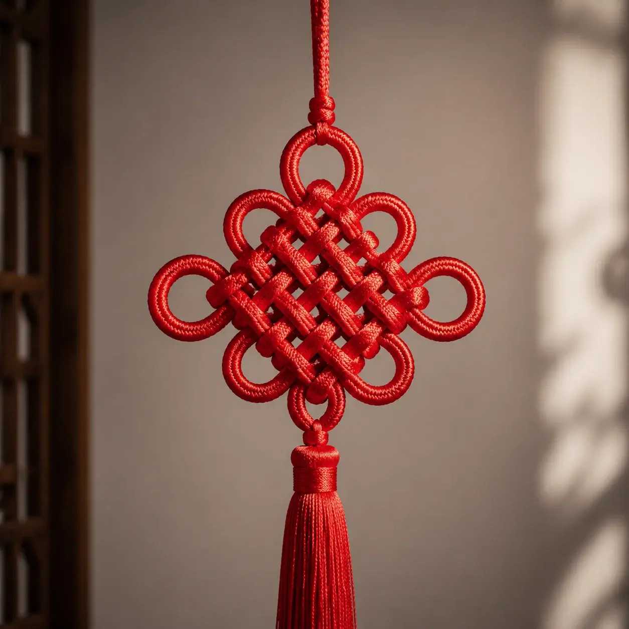 A close-up of a red Chinese knot showing its symmetrical woven loops and long tassel.