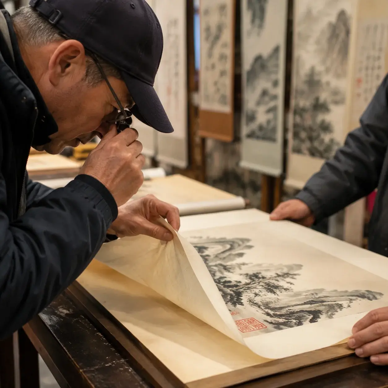 A buyer examines a Chinese ink scroll with a loupe while checking the paper and red seal at an art market counter.