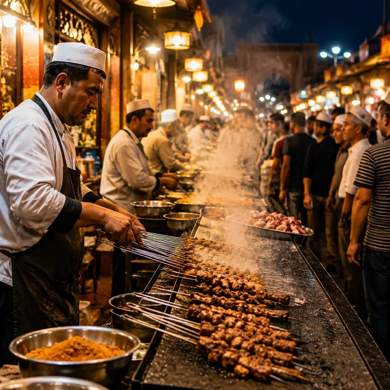 A halal food street glowing at night