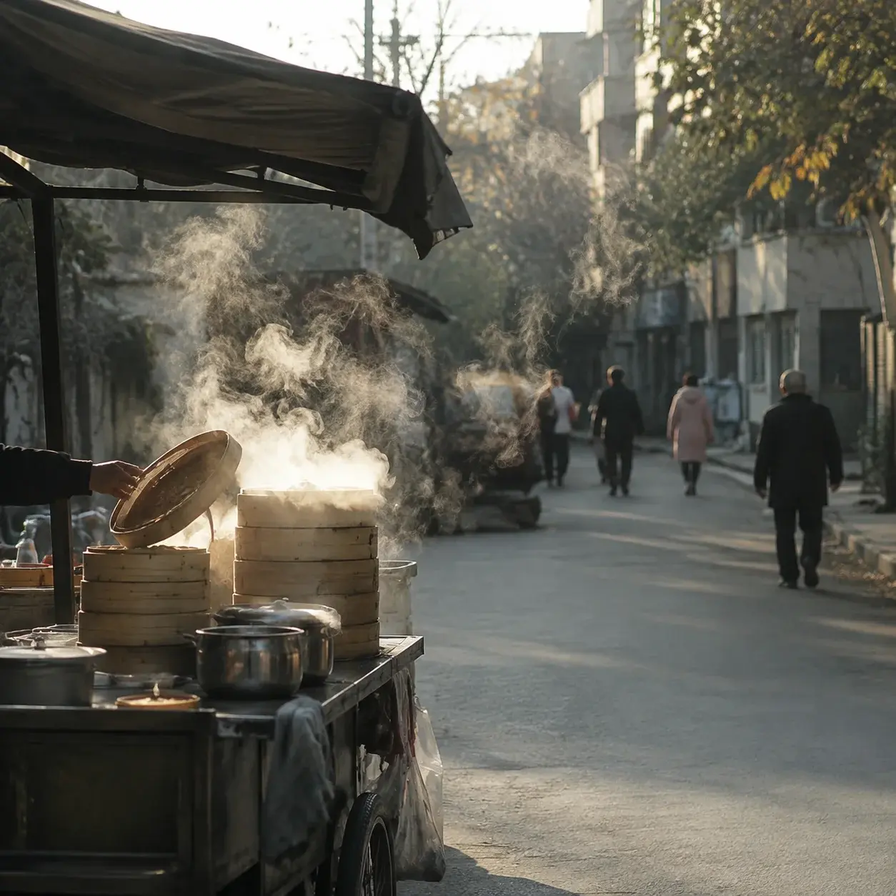 Steam rising from stacked bamboo steamers at a residential-street breakfast stall