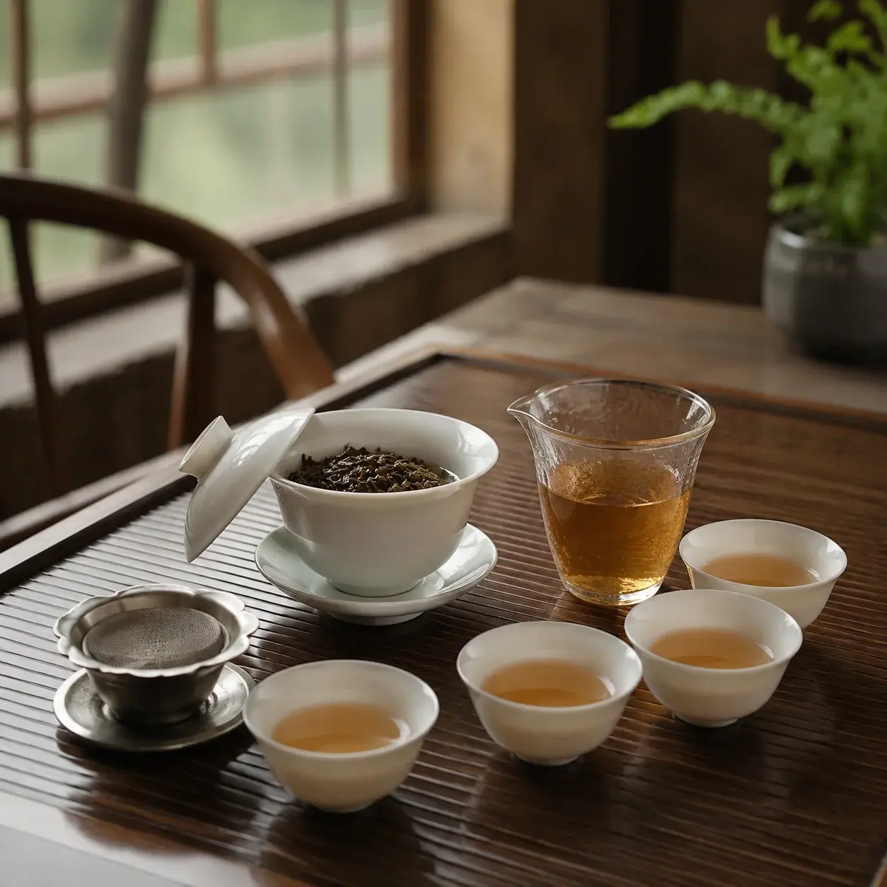A simple gongfu tea set with a white gaiwan, fairness pitcher, strainer, and small tasting cups on a wooden table.