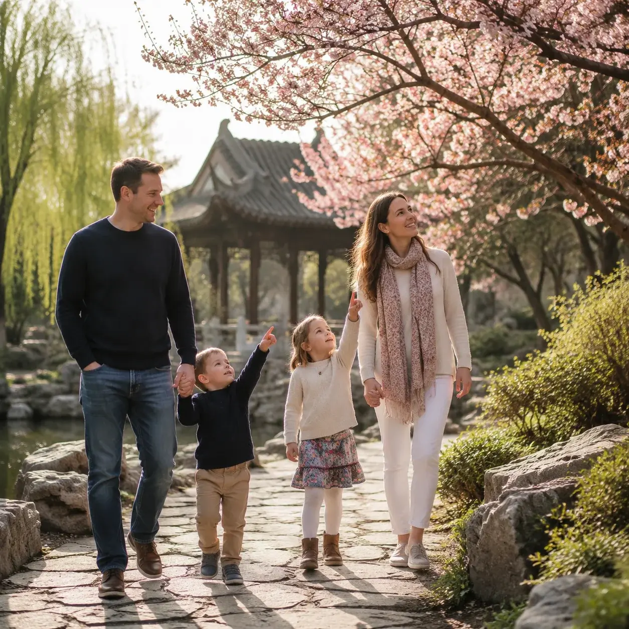 A family with two kids strolls beneath spring cherry blossoms in a Chinese classical garden in mild morning light.
