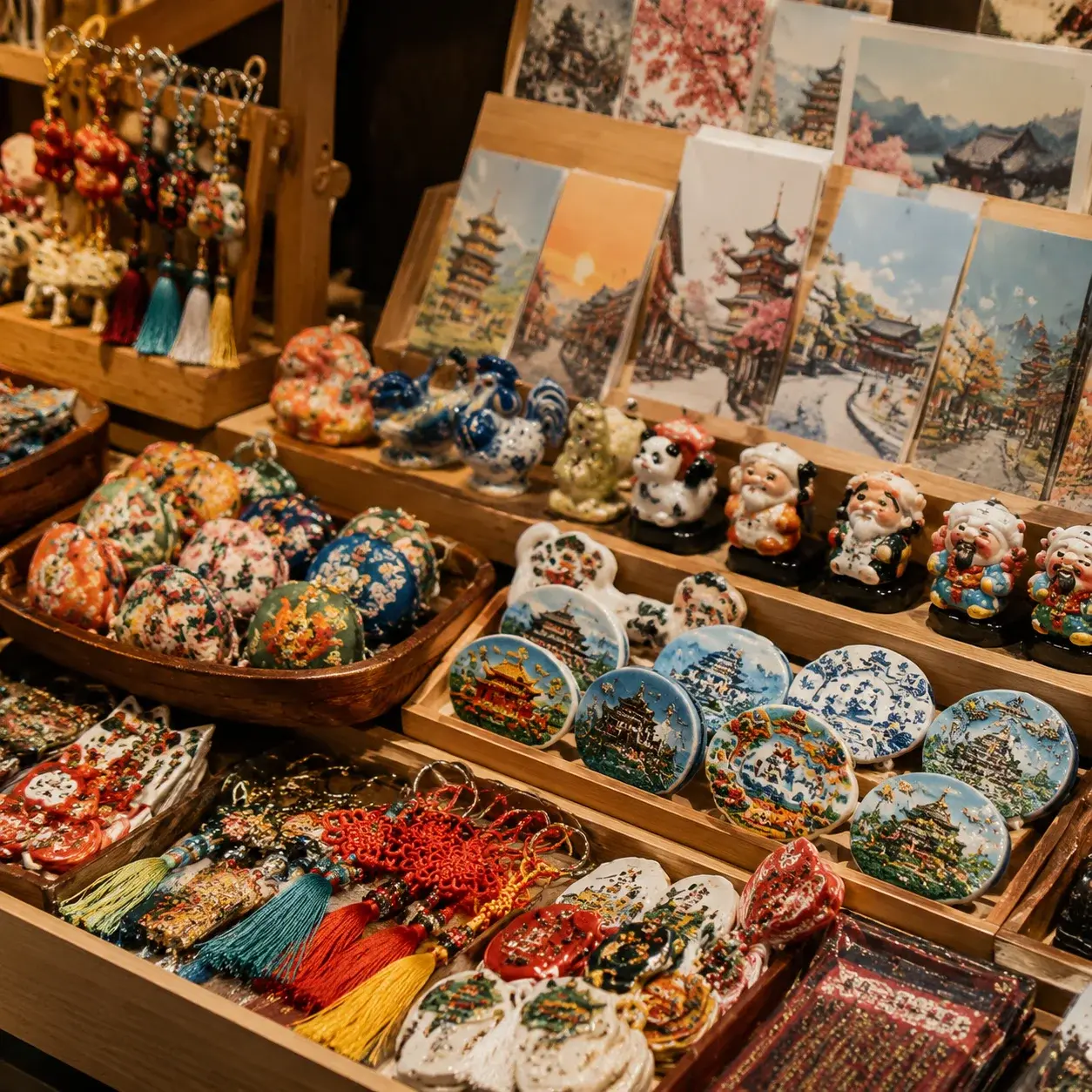 A display of Chinese postcards, magnets, keychains, and small gifts arranged on shelves in a souvenir shop.
