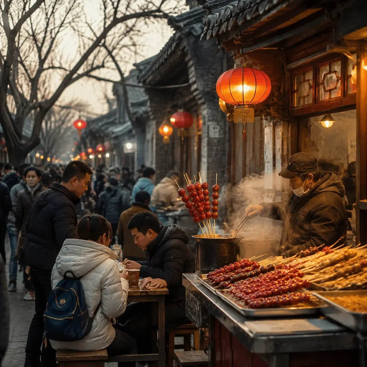 Old-Beijing snack stalls on the Xianyukou food lane near Qianmen