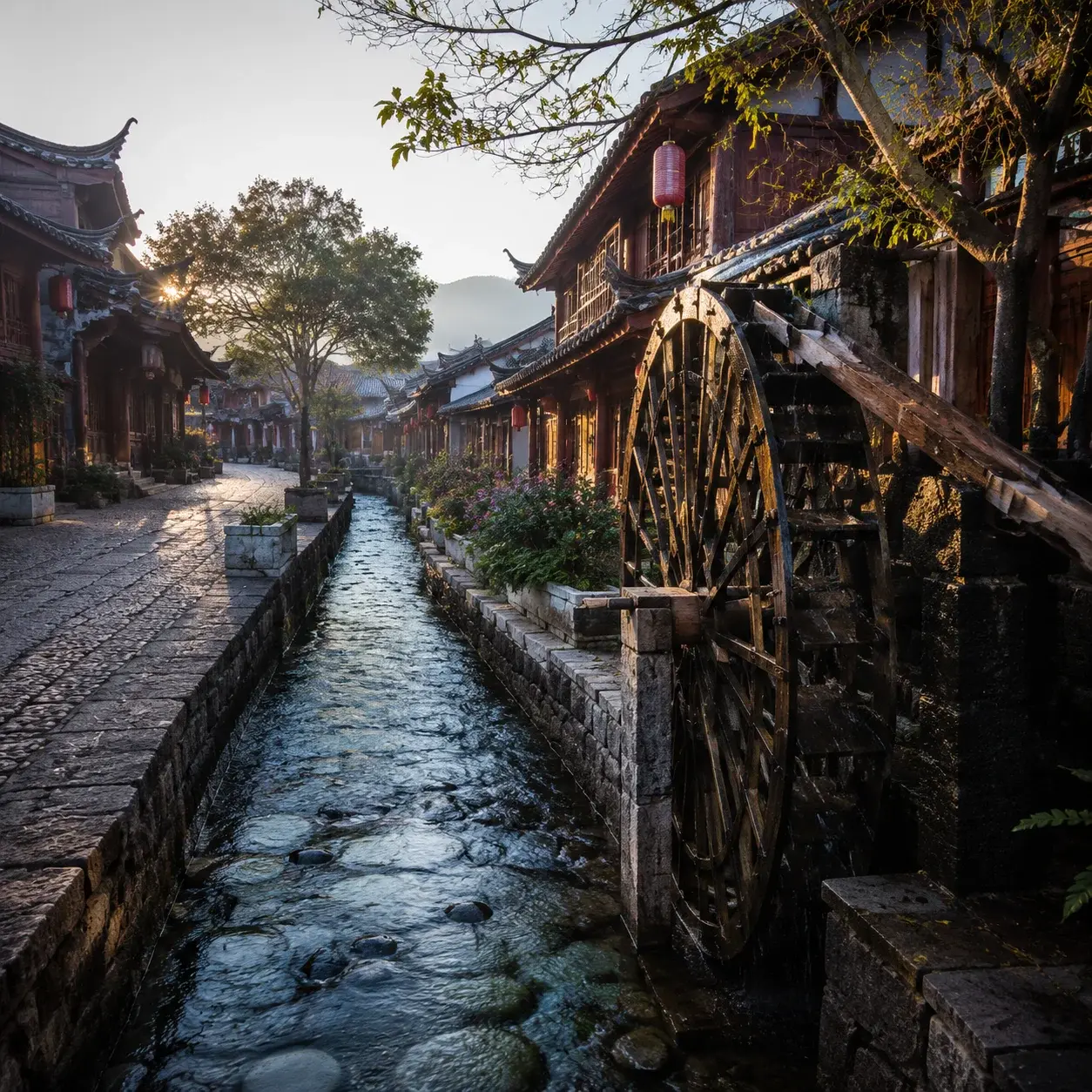 Quiet canal and cobblestone lane in Lijiang Old Town at dawn