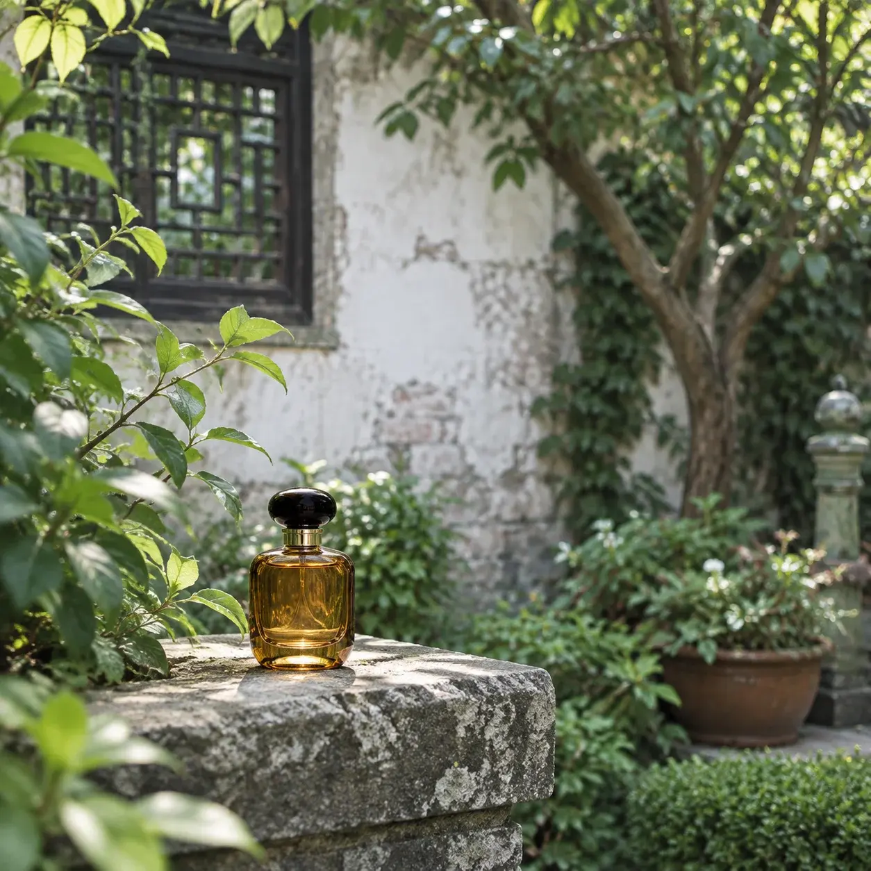 A Chinese fragrance bottle in the courtyard of an old Shanghai garden house.