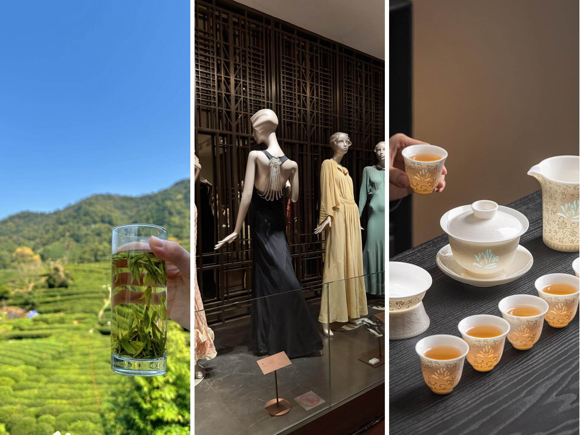 Longjing tea, silk garments on display and a celadon tea set