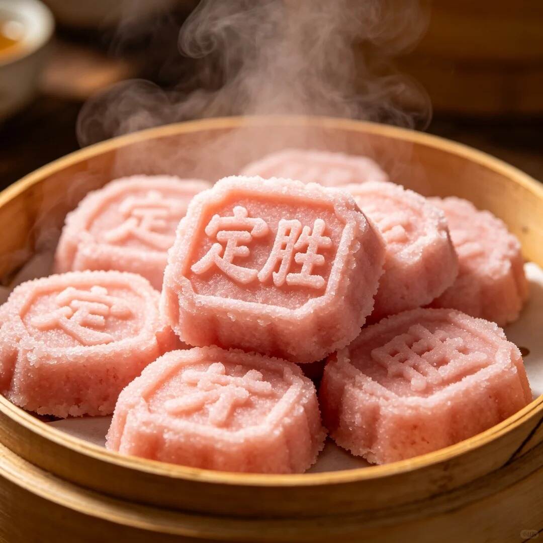 Pink dingsheng cakes stamped “dingsheng” in a steamer