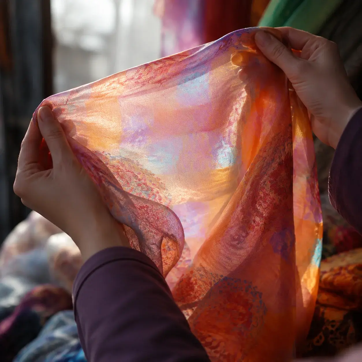 Hands examining a silk scarf's sheen at a market stall
