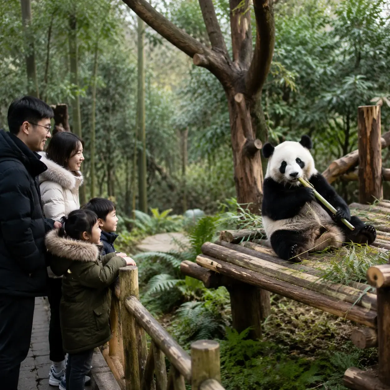 A giant panda eating bamboo at the Chengdu Panda Base in the morning while a family watches from the viewing path.