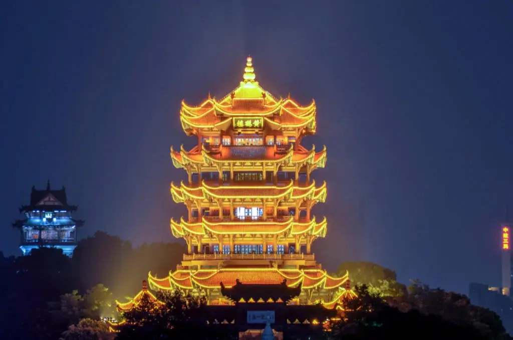 The multi-tiered Yellow Crane Tower overlooking the Yangtze in Wuhan