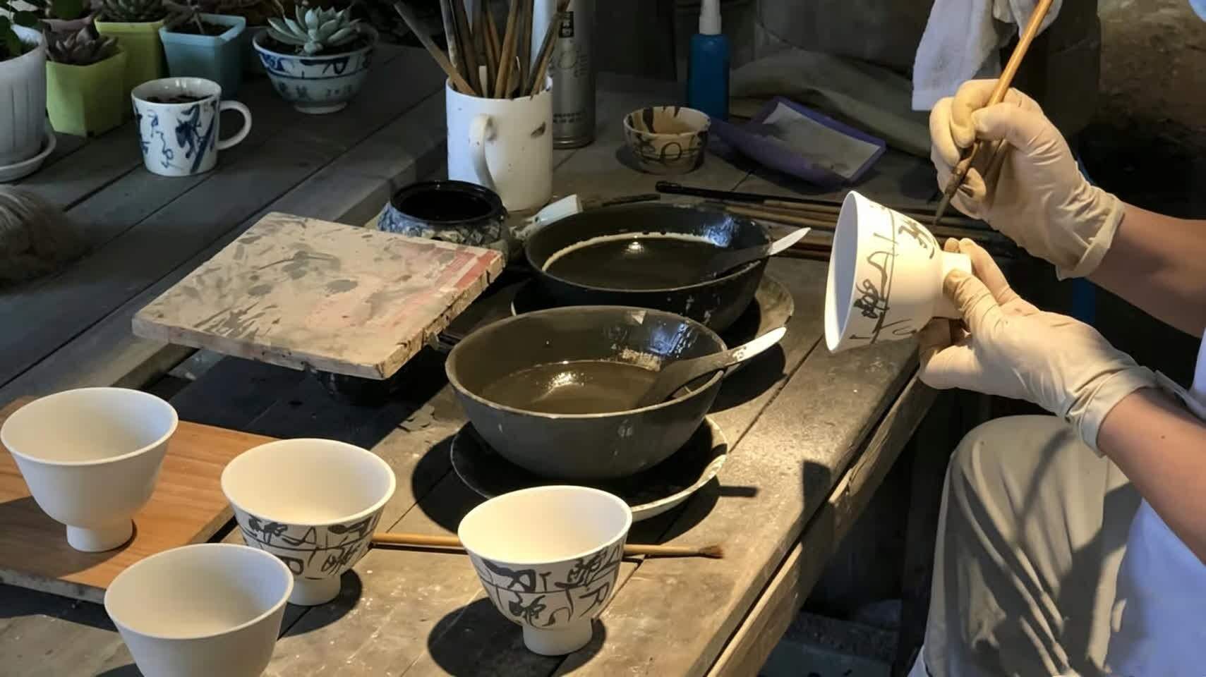 Painting blue-and-white decoration on a bisque tea bowl