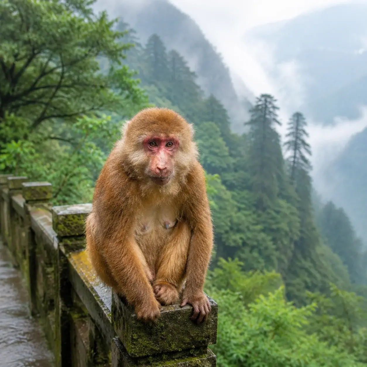 A wild Tibetan macaque resting on a stone railing along an Emei Shan forest trail