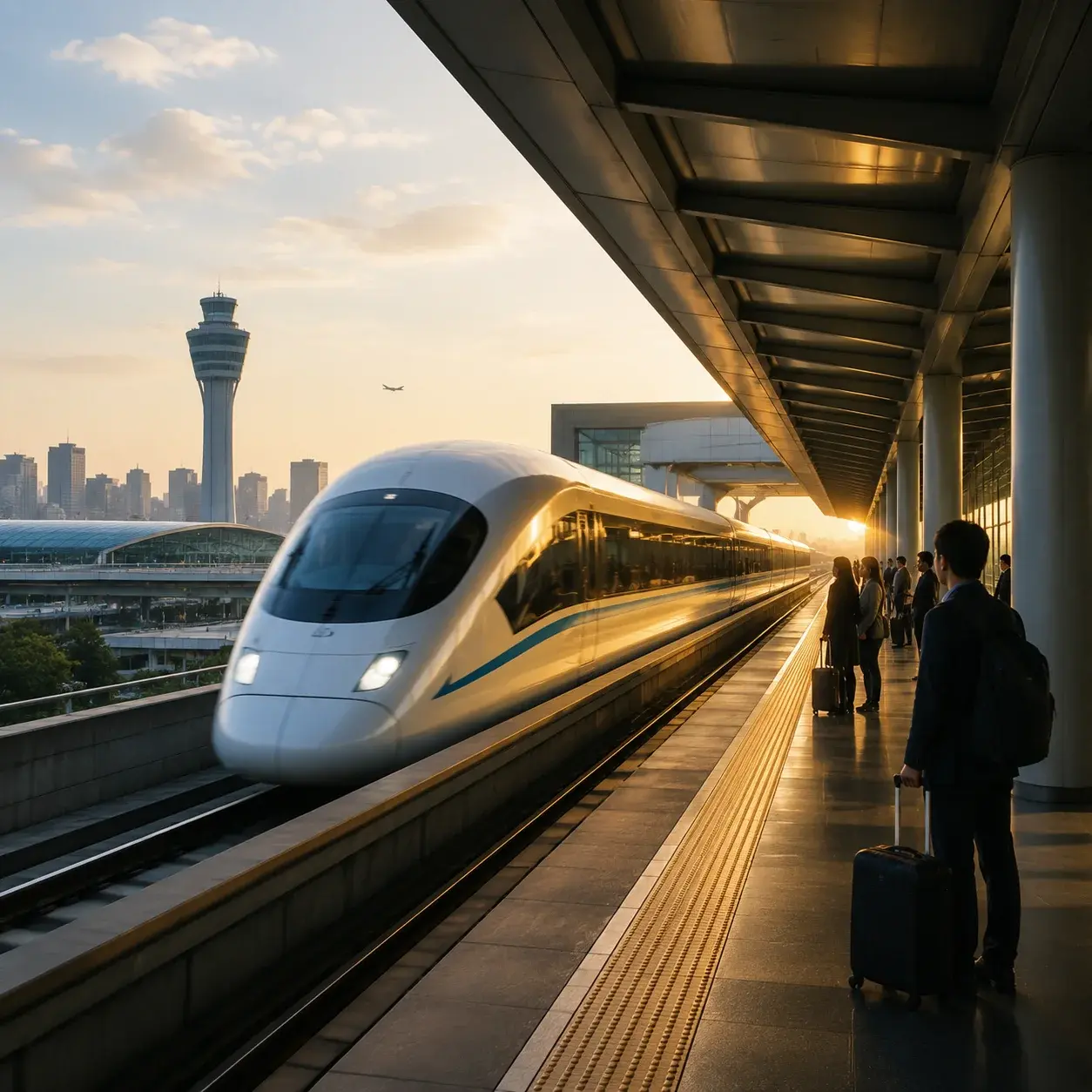 The sleek Shanghai maglev train at the airport platform, capturing the futuristic high-speed link from Pudong.