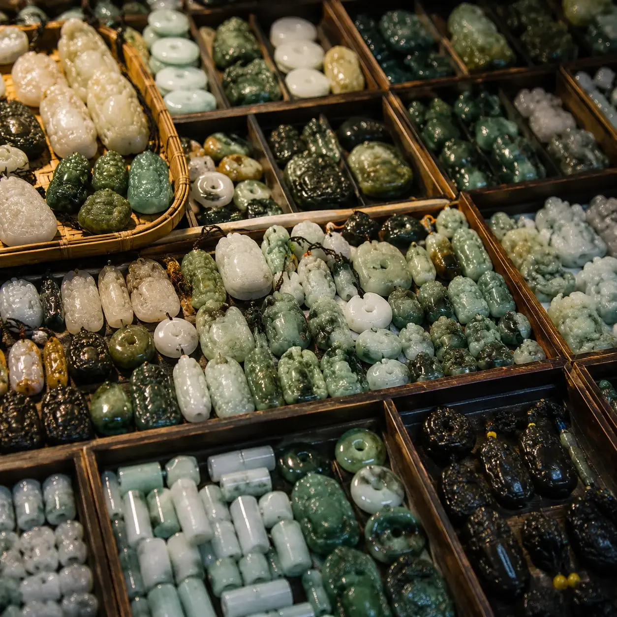 A traditional Chinese jade market stall displaying carved pendants and polished stones in white, green, black, and mixed colors
