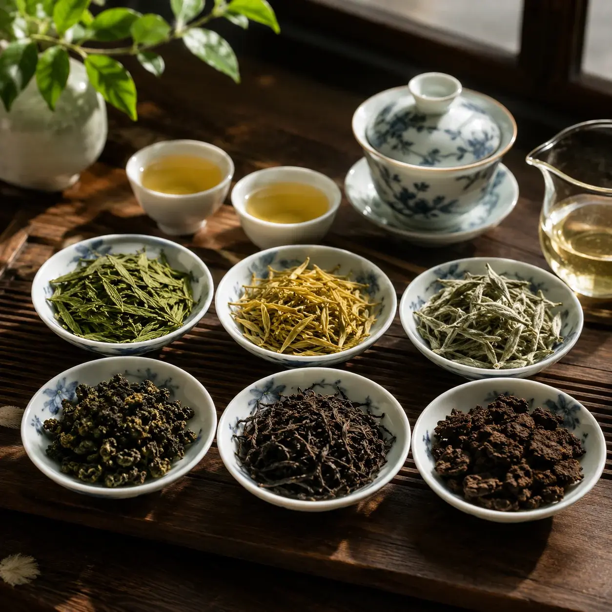 Six different types of Chinese loose-leaf tea arranged in small dishes on a wooden tea table.