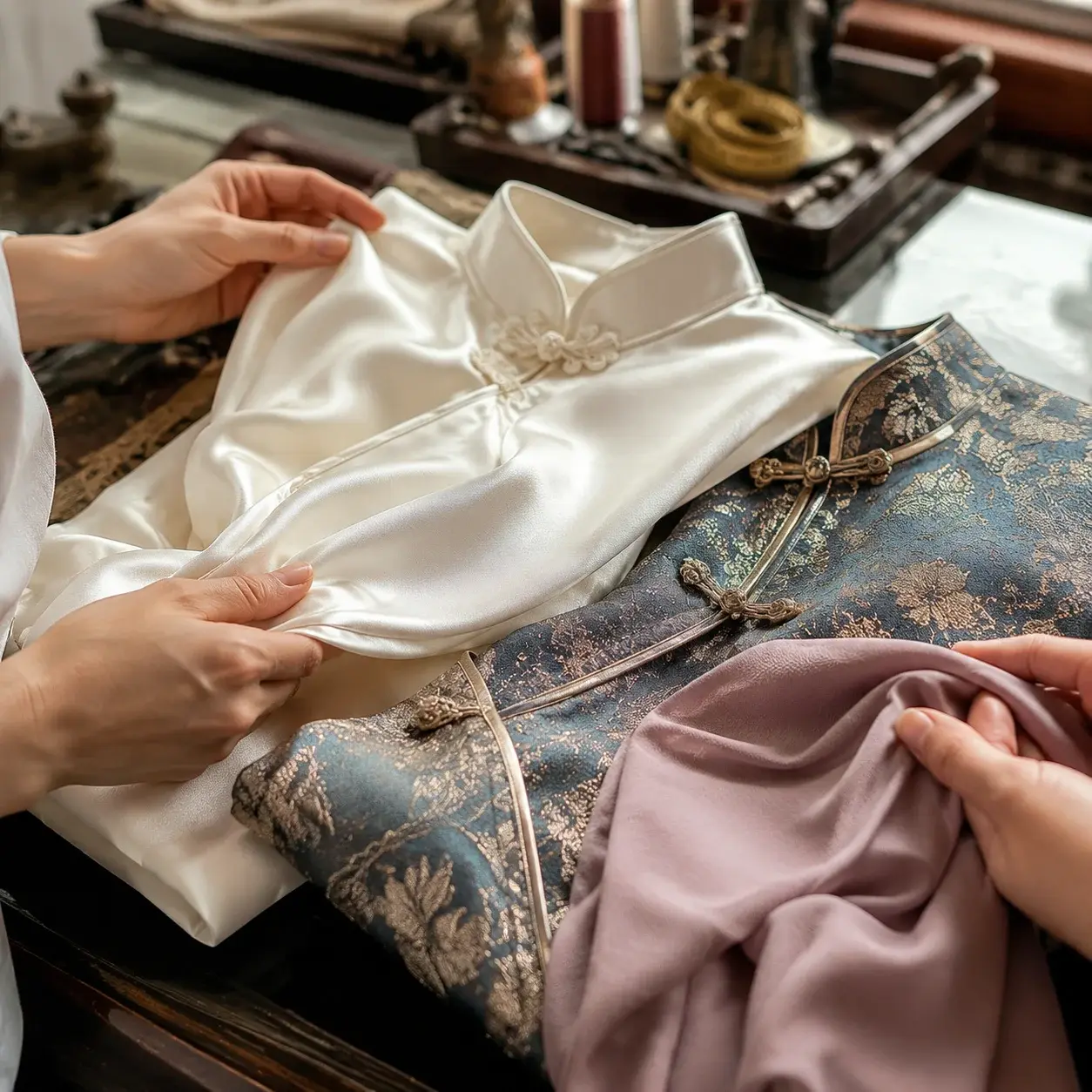 Hands compare silk and brocade fabrics for a qipao, with tailoring details visible on a shop counter.