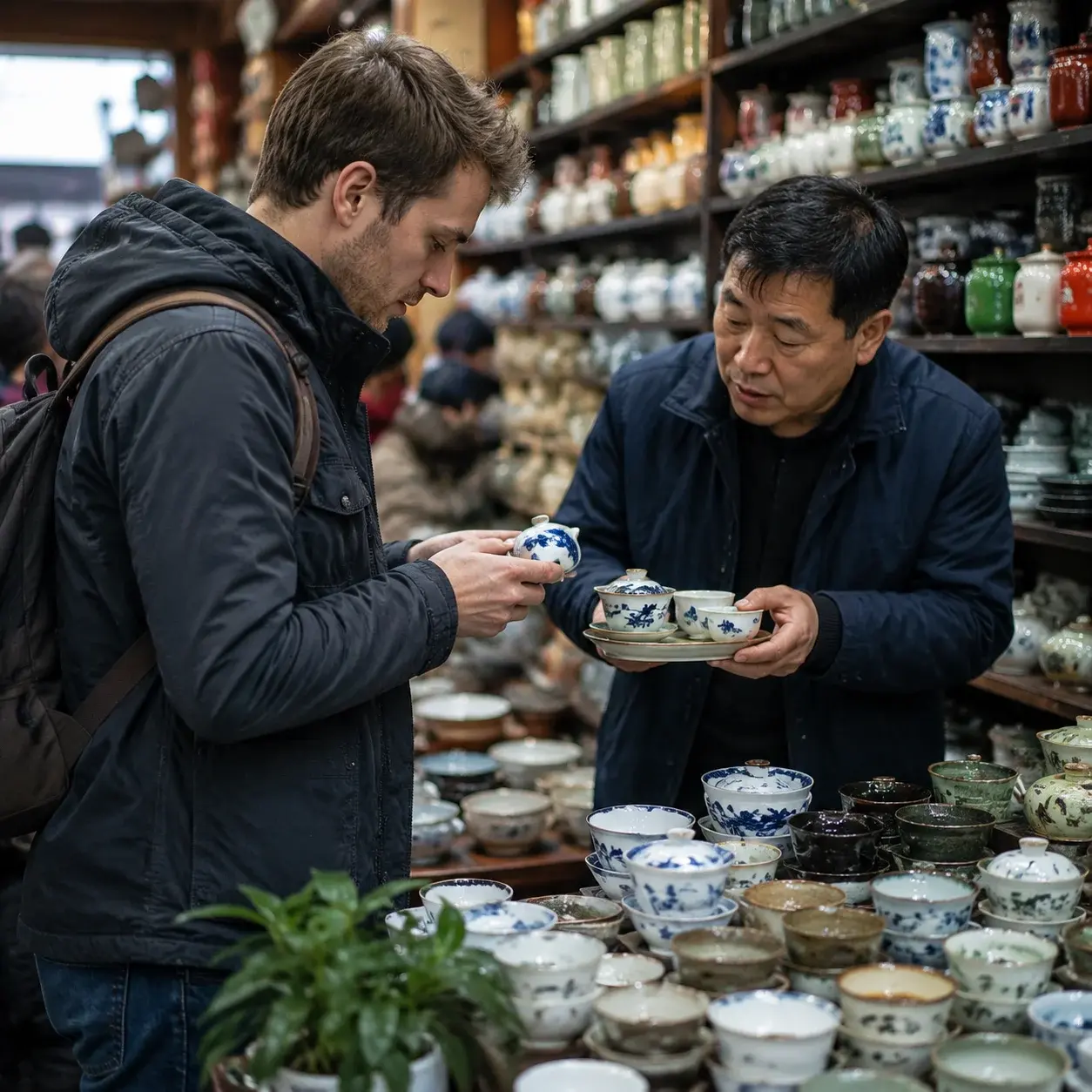 A traveler examining porcelain tea sets in a busy Chinese tea market with shelves of teaware behind them.