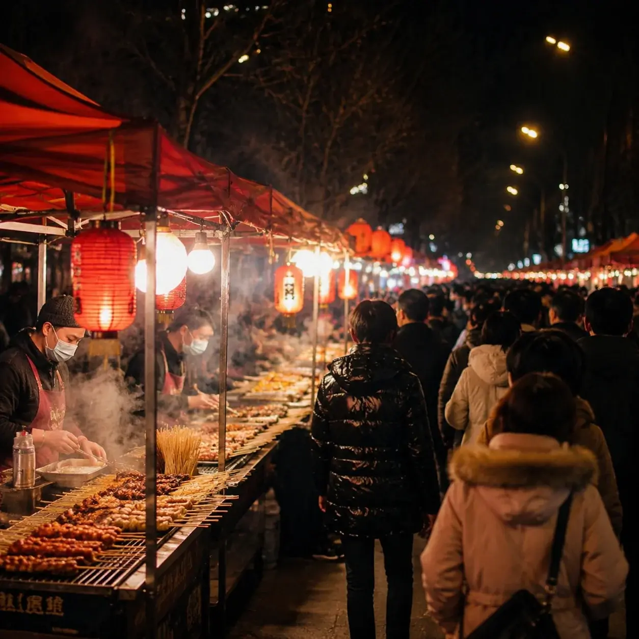 Glowing red-canopied food stalls and drifting smoke on Wangfujing Snack Street at night