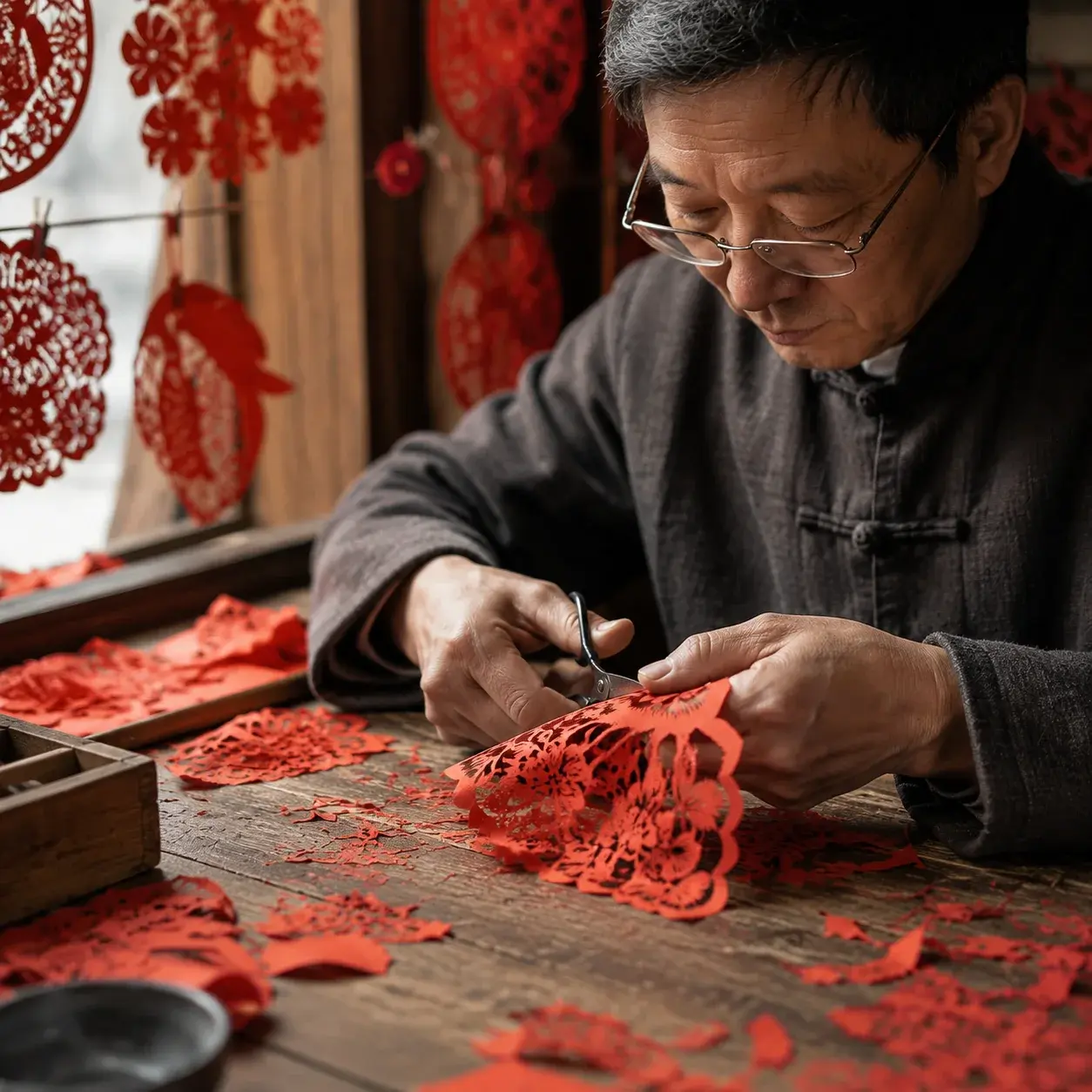 An artisan in China hand-cutting an intricate red paper jianzhi design at a traditional craft table