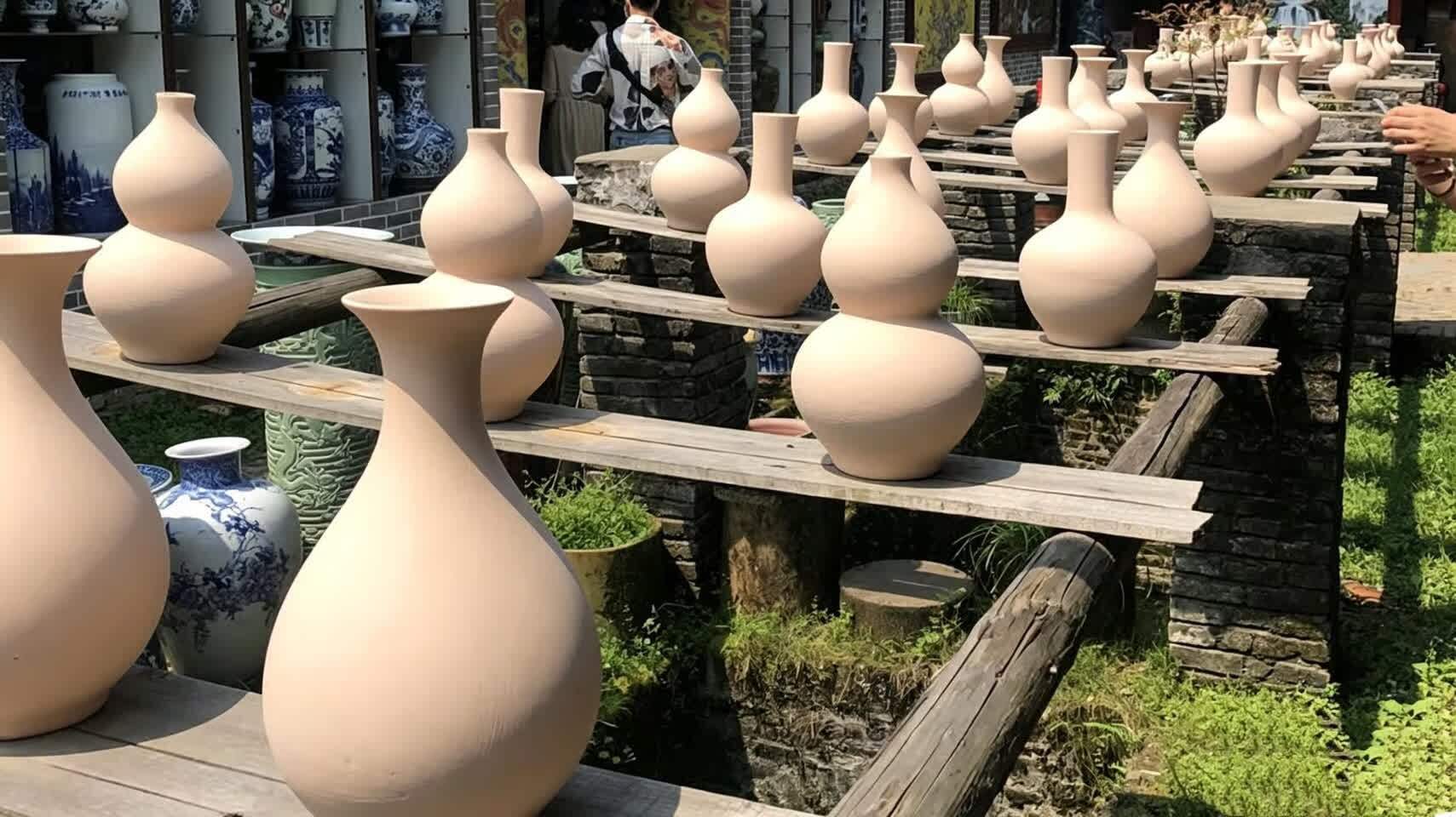 Bisque pieces drying on wooden racks in a Jingdezhen workshop