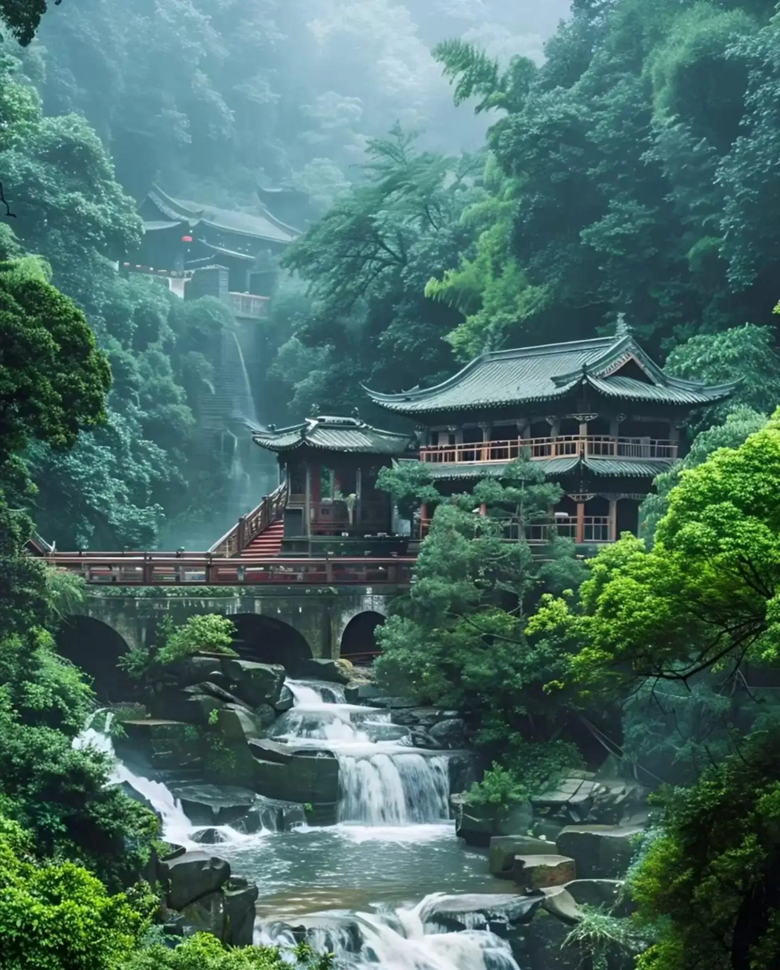 A Taoist hall in morning mist above a mountain waterfall and stone bridge