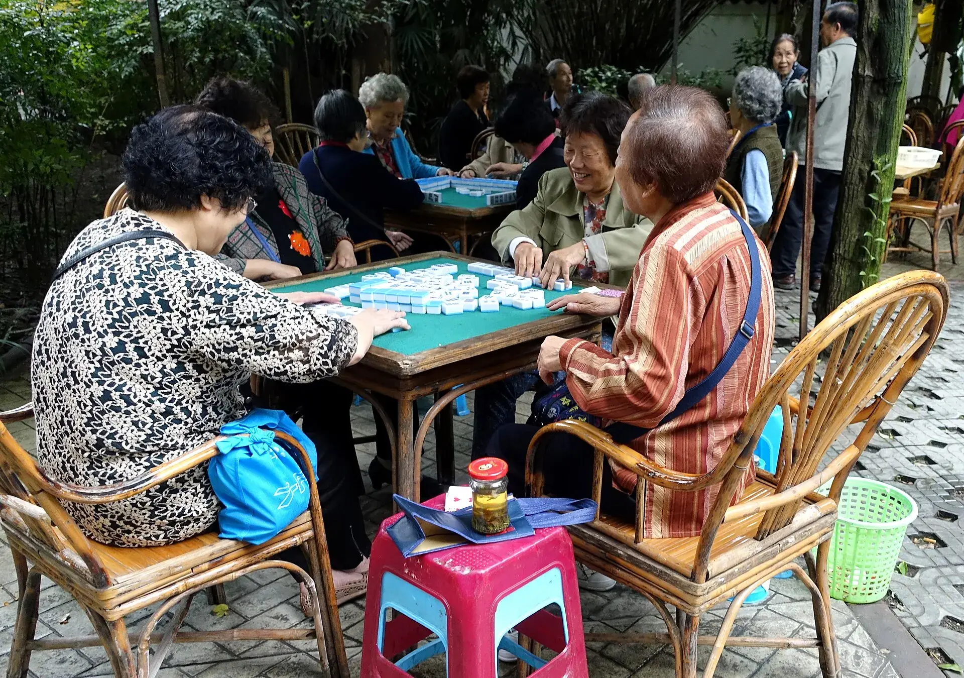 Mahjong and tea at an outdoor teahouse in a Chengdu park