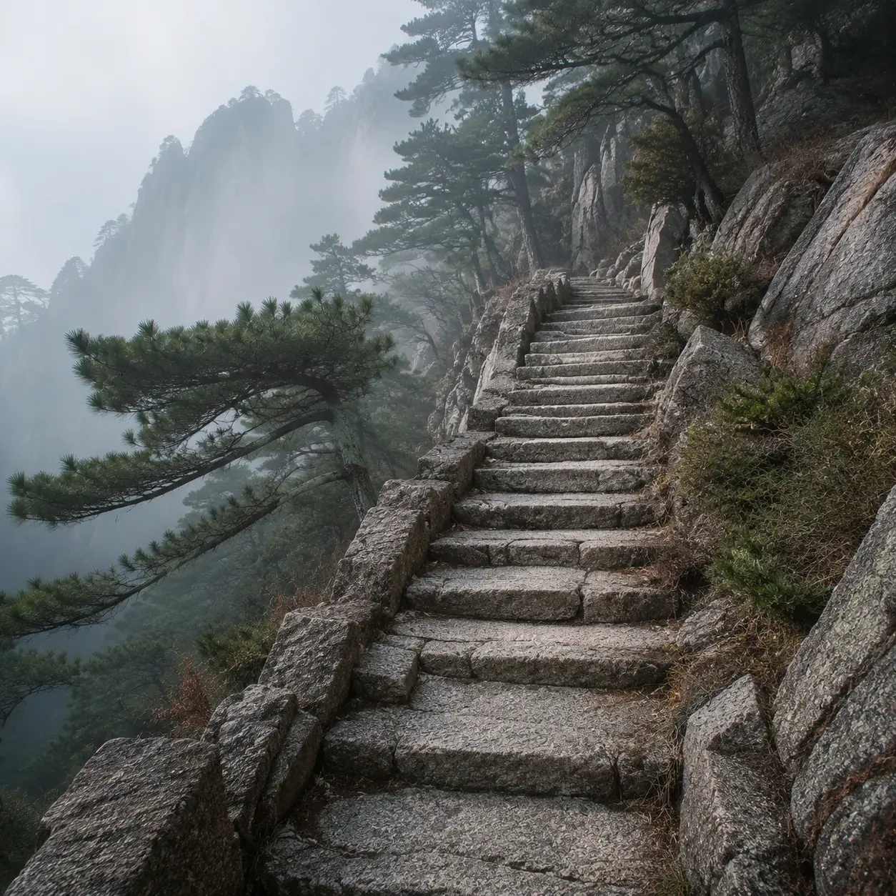 Steep hand-cut granite stone steps climbing through the misty forests of Huangshan